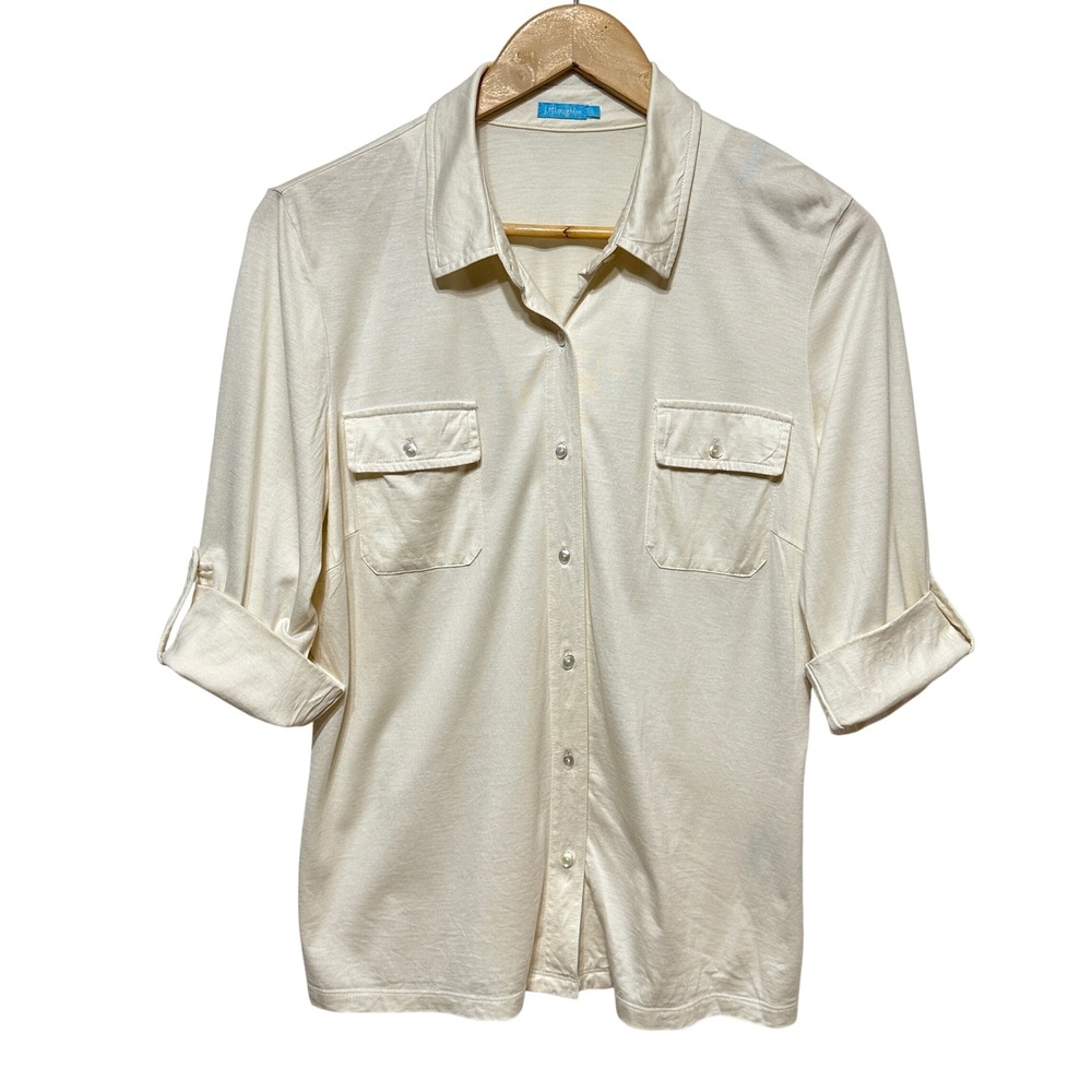 J.McLaughlin Silk Cotton Roll Tab Shirt Womens Large Cream Button Up Top Preppy